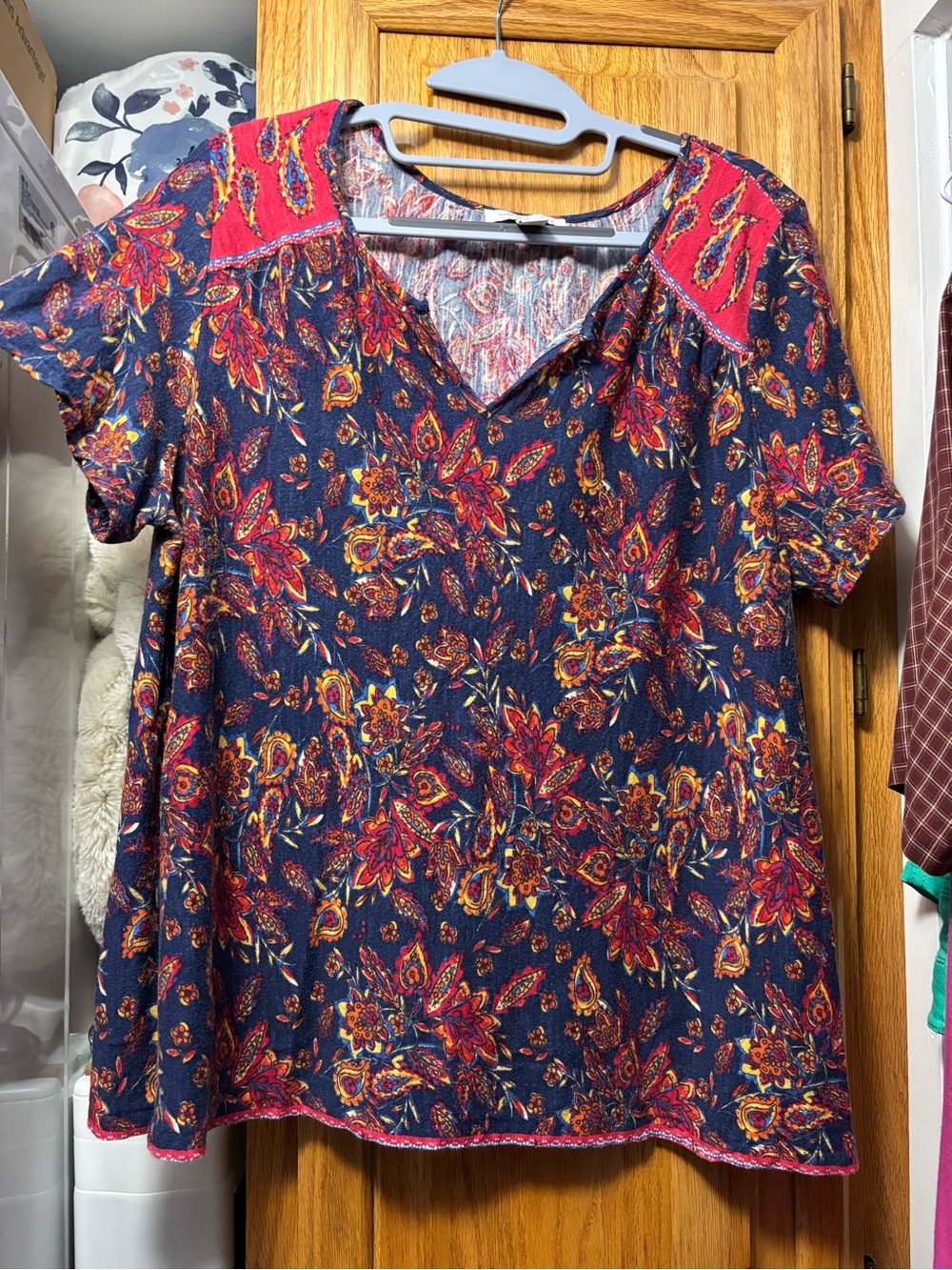 Vintage America Navy Floral Short Sleeve Top with Red Accents